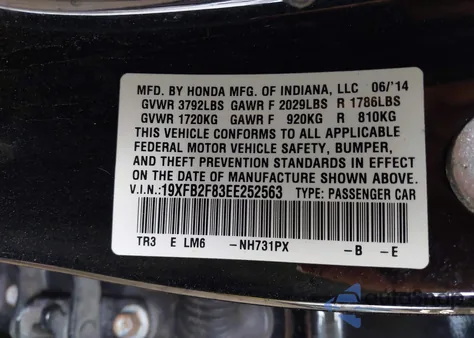 2014 Honda Civic Ex из США, поврежденный, VIN 19XFB2F83EE252563